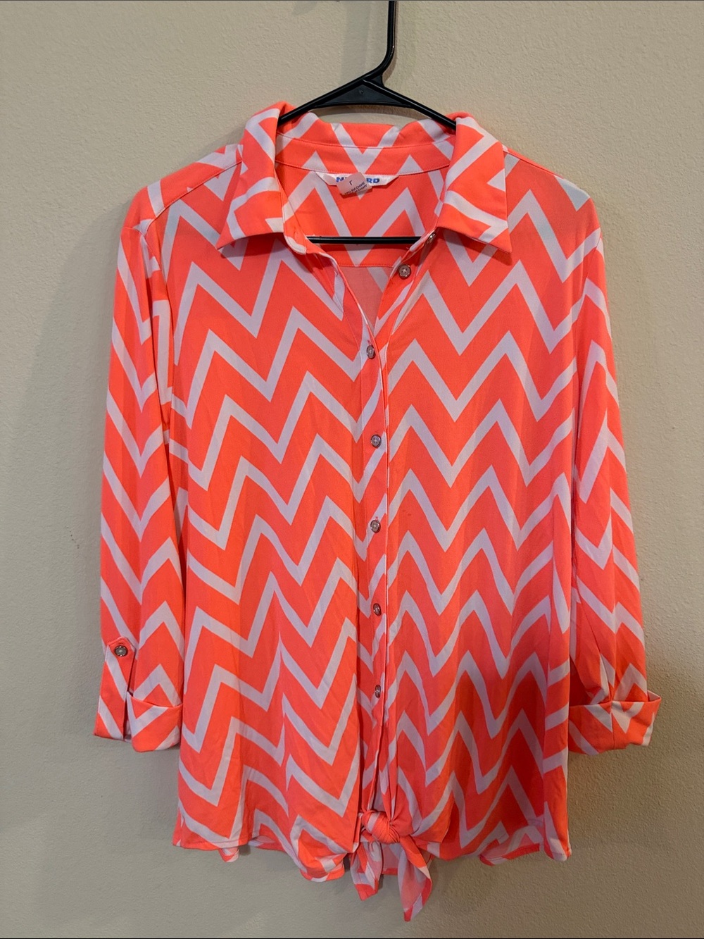 Peter Nygard Coral and White Chevron Button-Front Blouse